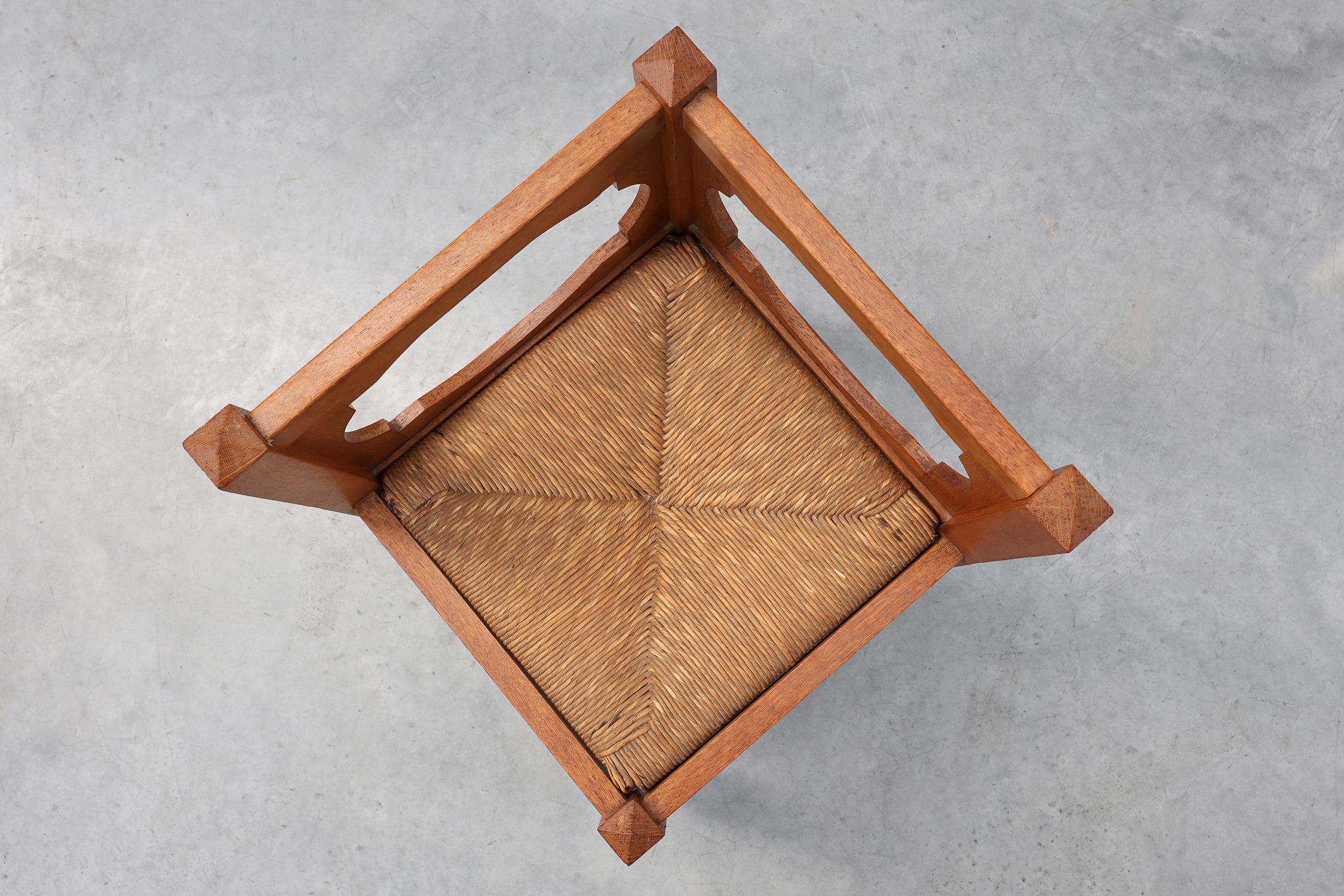 Art Deco Oak Corner Chair with Cut‑Out Backrest and Rush Seat, Belgium, circa 1920thumbnail